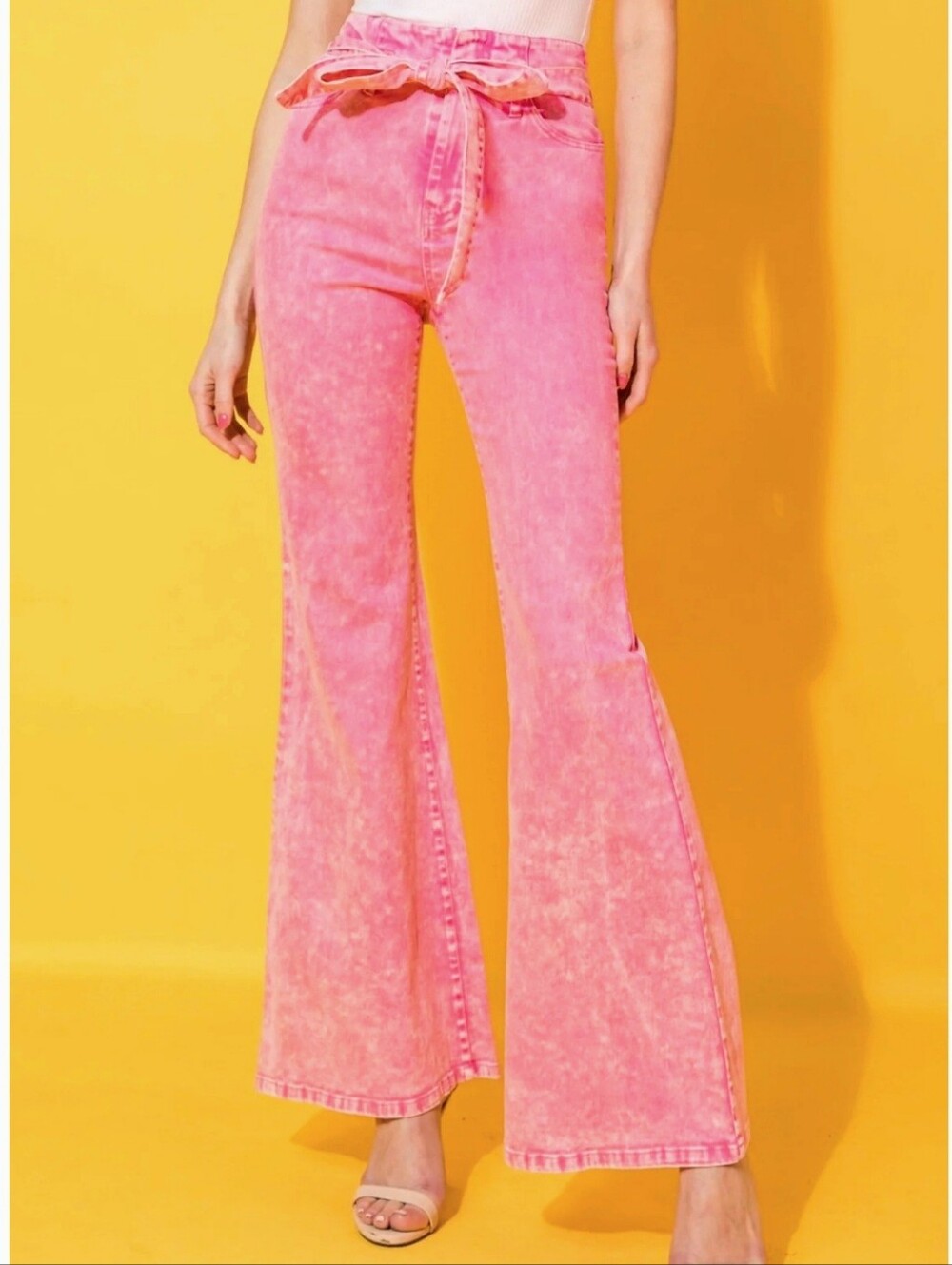 Flying Tomato Pink Acid Wash Self Belt Flare Jeans Size M